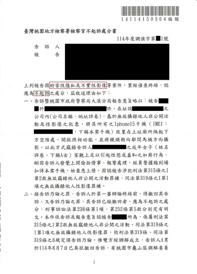 桃園地檢 妨害性隱私 不起訴 判決書影本