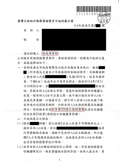 士林地檢 強制猥褻 不起訴 判決書影本