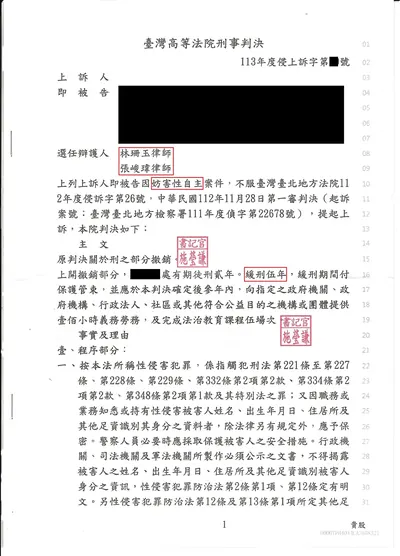 高院 乘機猥褻 緩刑 判決書影本