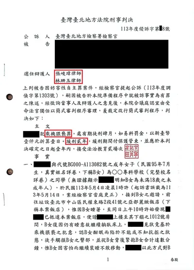 臺北地院 乘機猥褻 緩刑 判決書影本