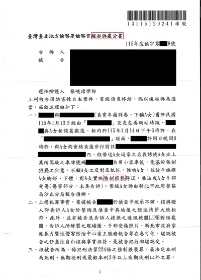 臺北地檢 強制猥褻 緩起訴 判決書影本